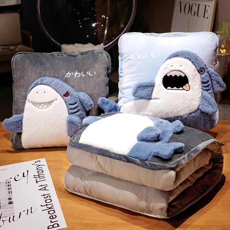 2-In-1 Cartoon Creative Shark Throw Pillow Comforter Office Nap Air Conditioning Blanket Pillow Home Sofa Pillow Cover Blanket