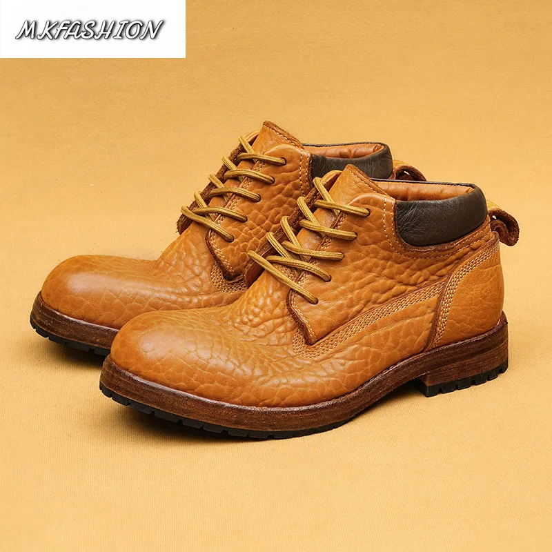 Men's Casual Shoes Embossed Cowhide Genuine Leather Ankle Boot Round Toe Lace Up Short Booties