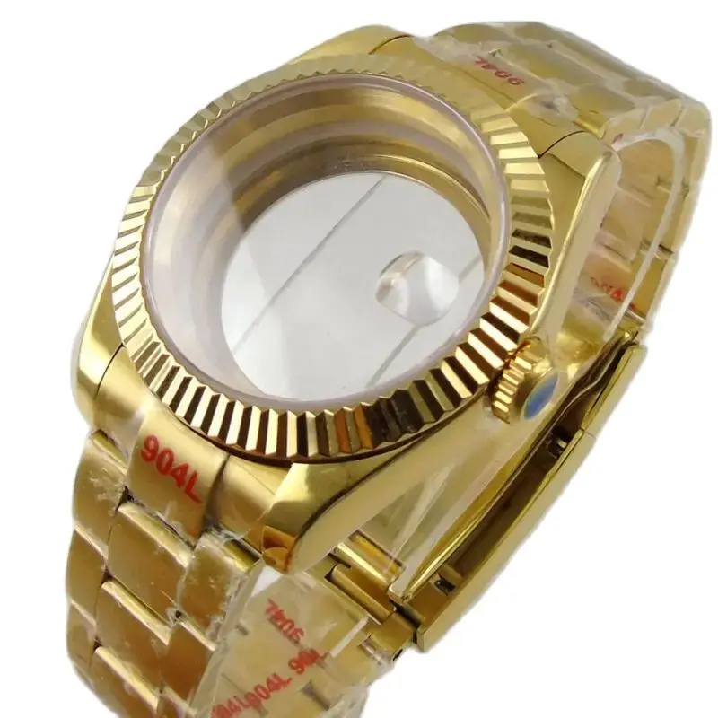 36MM Golden plated Fluted Bezel Watch Case Fit NH35 NH36 Miyota 8215 2836 movement