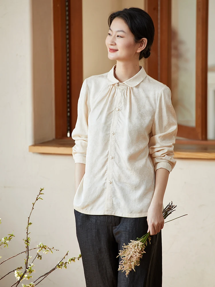 

Limited Edition Rose Fiber irt Collared White irt Chinese Sle Original Design Loose Fit Long Sve Pure Color Button up