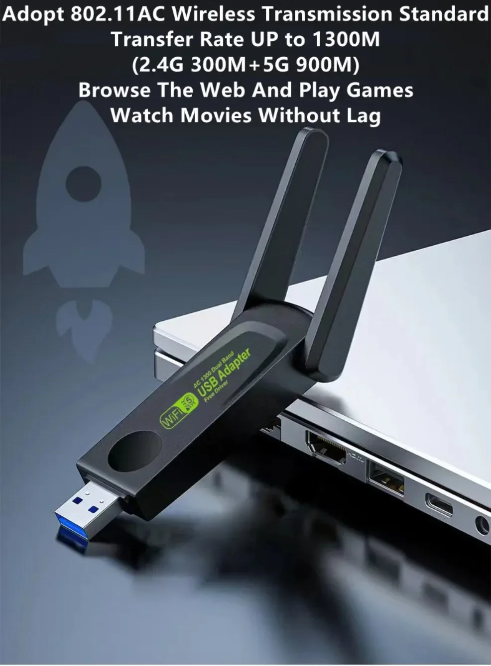 アンテナ付きワイヤレスネットワークカード,2.4ghz/5ghz,デュアルバンド,1300mbps