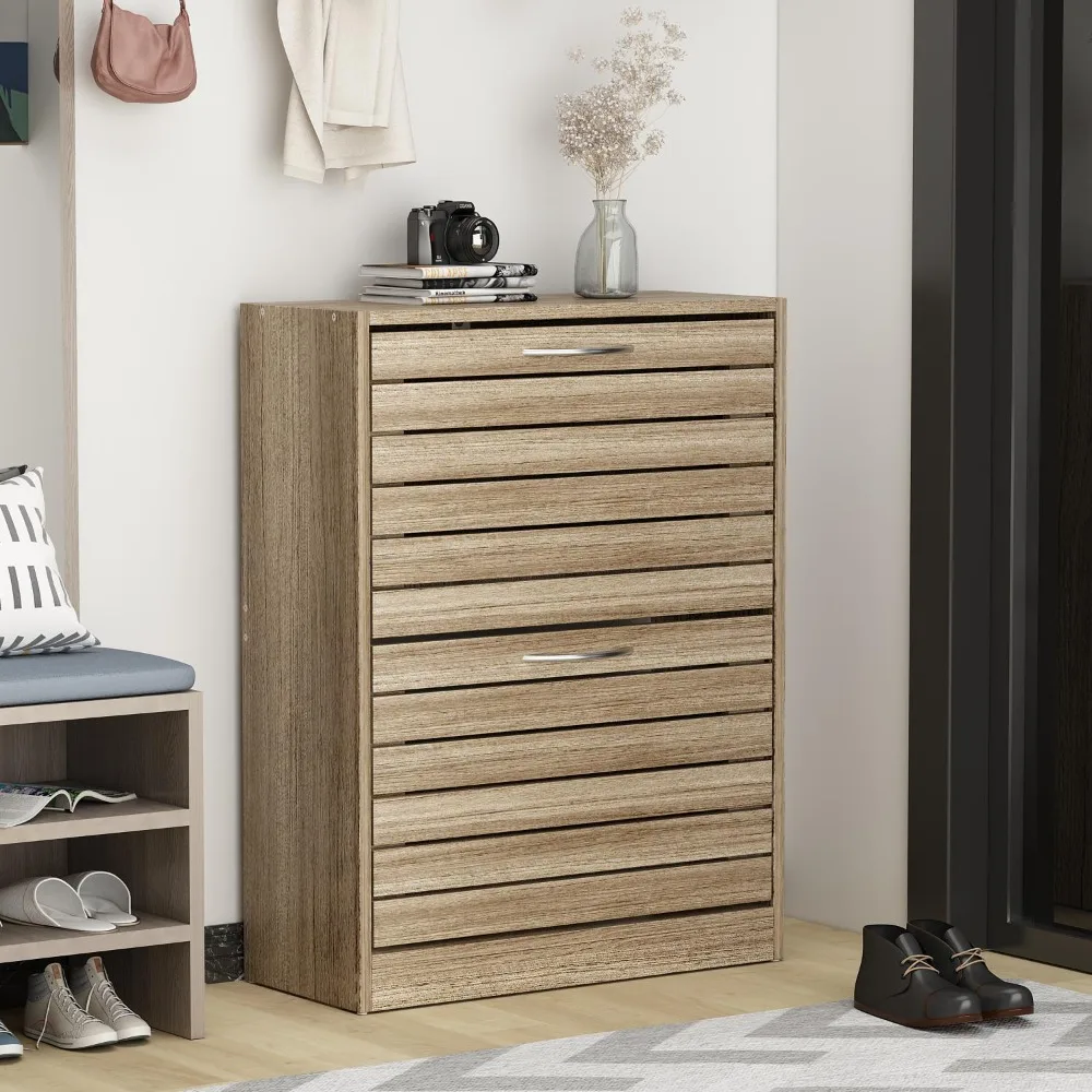 

Shoe Storage Cabinet, Narrow Shoe Cabinet With 2 Drawers & Adjustable Shelf, Small Space Entryway Freestanding Shoe Rack