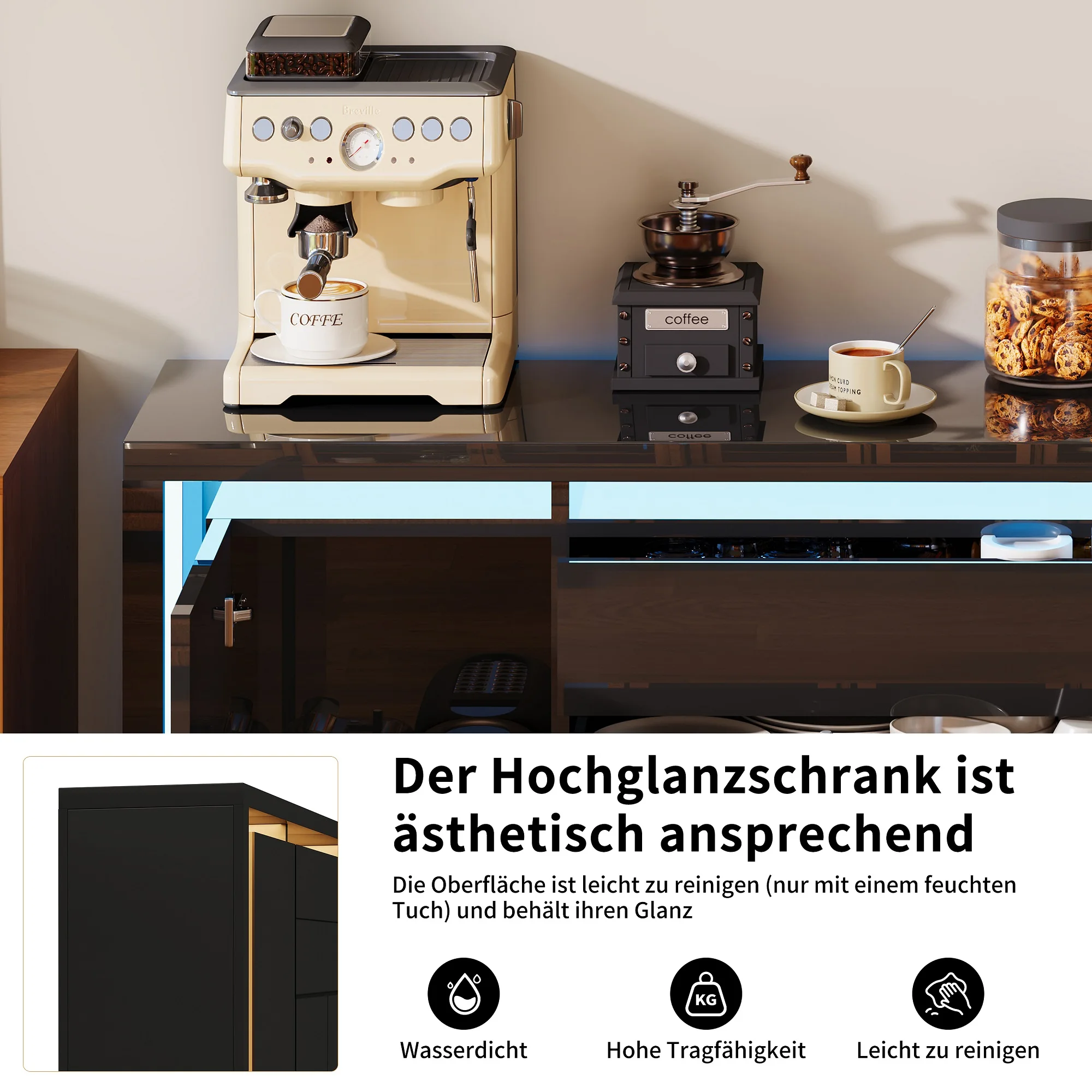 Rosahqnda Sideboard Hochglanzweiß mit LED, modernes Sideboard mit Tür und Schubladen, Buffetschrank, Kommode für die Küche – Detail 28
