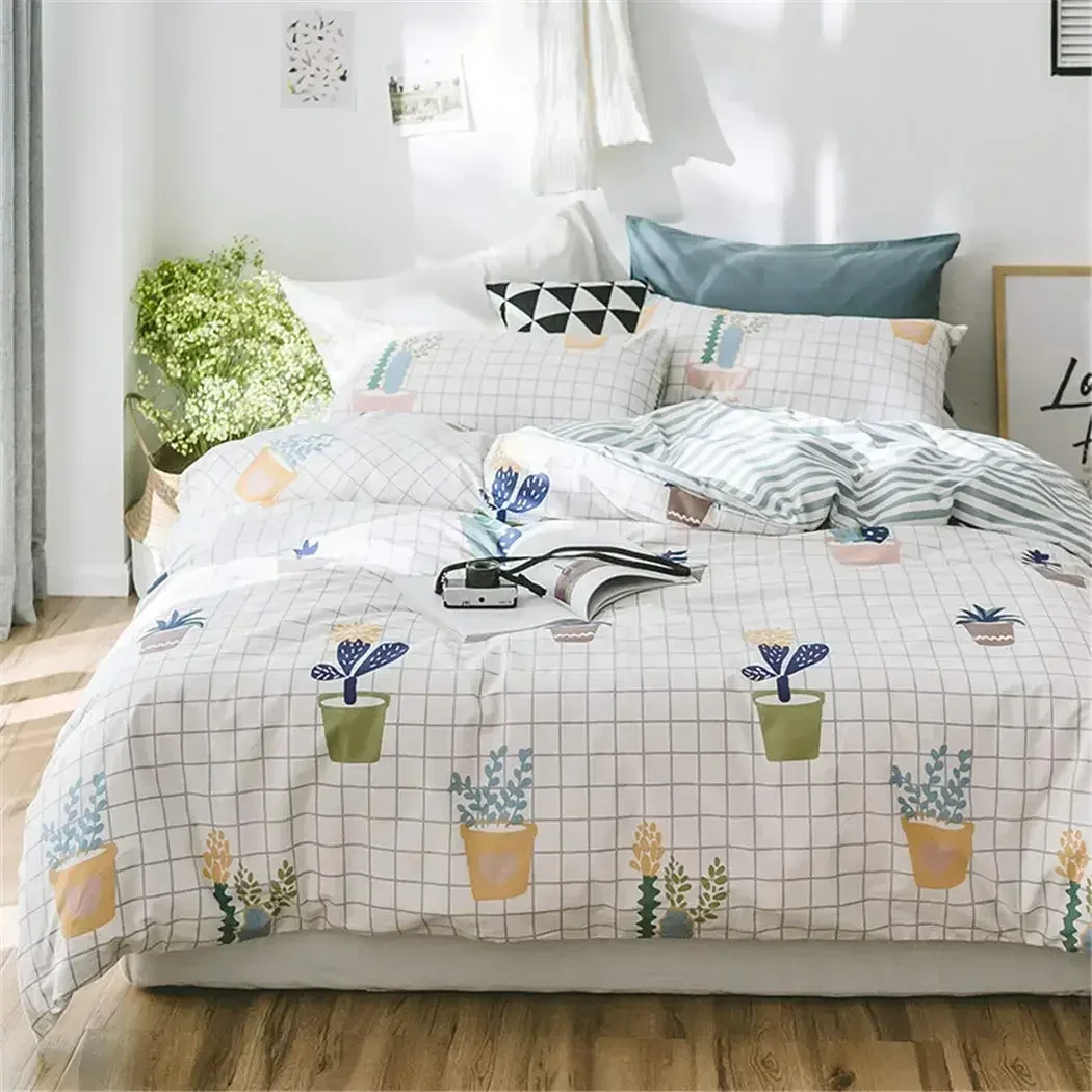 4 Piece Potted Plants Bedding Set Cactus Printed Duvet Cover Set Cotton Pale Yellow for Teens Girls