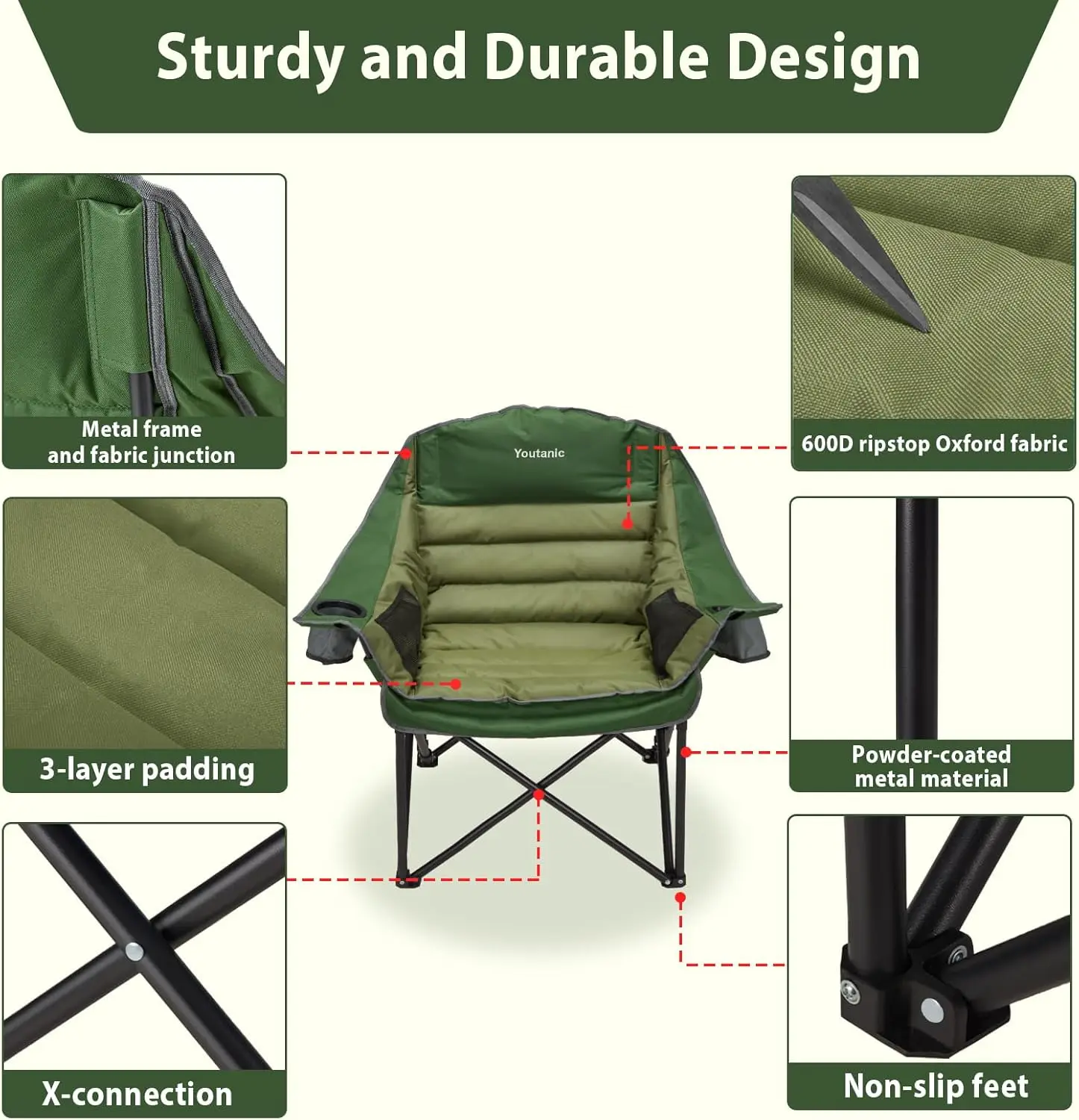 Chaise de camping pliante portable respirante avec poche latérale, porte-gobelet et sac de transport, chaises de camping en plein air