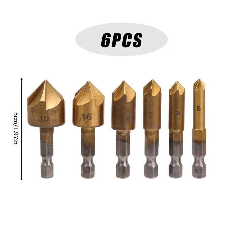 6-teiliges Senkbohrer-Set, 1/4 Zoll Sechskant, 5-schneidiger Senkfräser für Holz, Weichmetall, Gummi, Kunststoff, Holzbearbeitung – Detail 2
