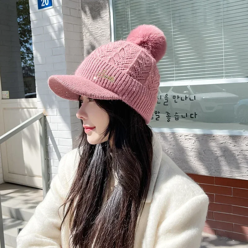 Winter Women Knitted Flat Tongue Hat Autumn Winter Warm Rabbit Hair Letter Warm Baseball Hat Ear Protection Neck Waiver Wool Hat