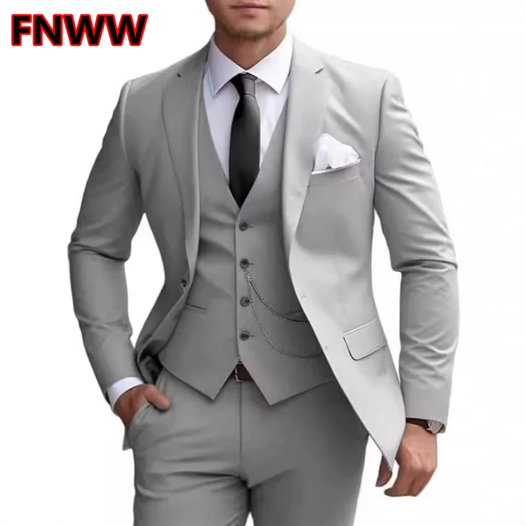 

3 Piece Set Jacket Vest Pants Single Breasted Groom Groomsman Prom Wedding Party New Beige Suit Men Business Tuxedos Formal