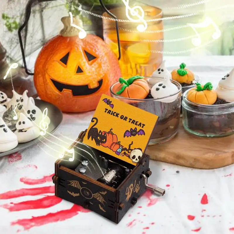صندوق موسيقى للهالويين مع كرنك يدوي ، صندوق موسيقي خشبي عتيق ، ريشة