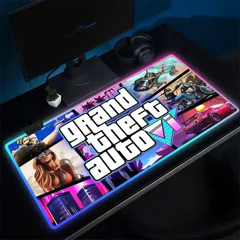 게임 G-GTA-6 마우스 패드 애니메이션 게임 마우스 패드 LED 테이블 패드 백라이트 고무 데스크탑 XXL 마우스 패드 RGB 데스크 매트