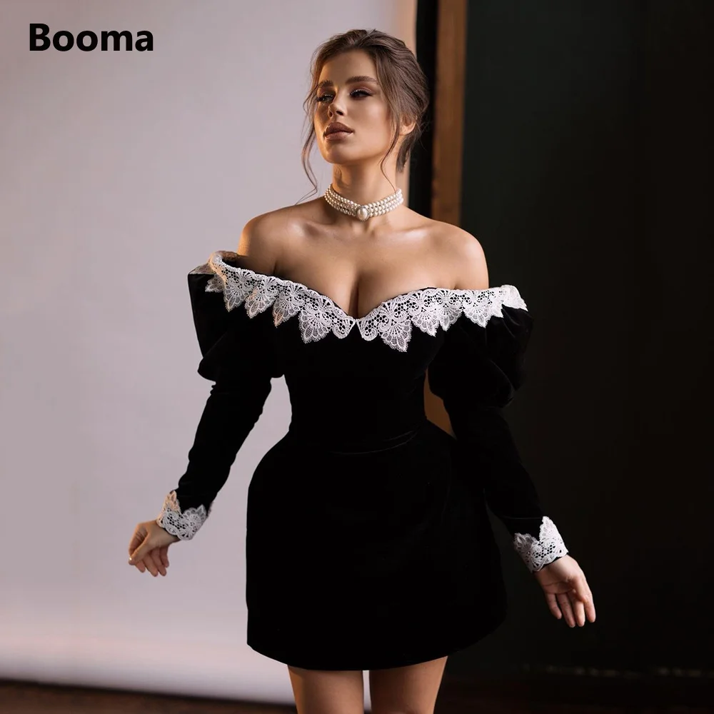 Booma Black Off Shoulder Velvet Short Prom Dresses Long Sleeves Lace Mini Cocktail Dresses Open Back Formal Gowns Customized