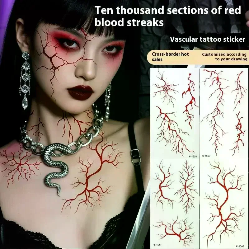2 hojas de tatuaje temporal de Halloween, pegatinas faciales impermeables de sangre roja falsa, pegatinas para mano, brazo, espalda y cuerpo, calcomanías de maquillaje para Festival