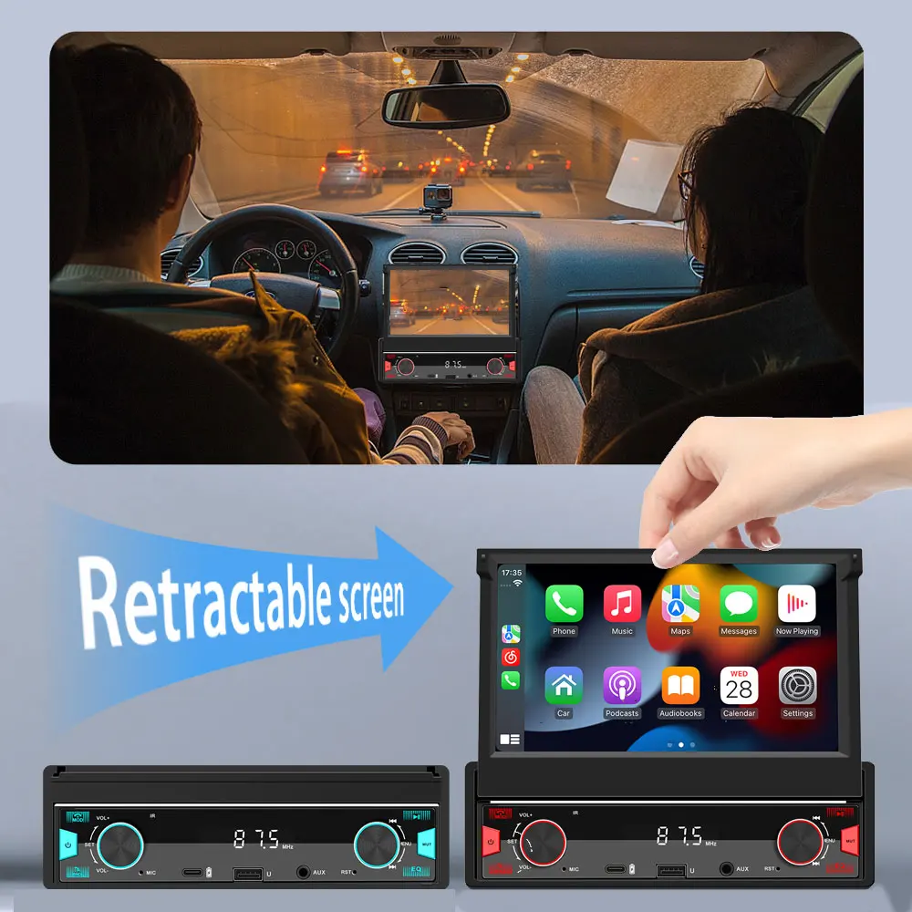 Single Din 7'' Retractable Touch Screen Bluetooth Multimedia Car Radio Player Wireless Carplay Android Auto FM AM RDS BT 60W*4