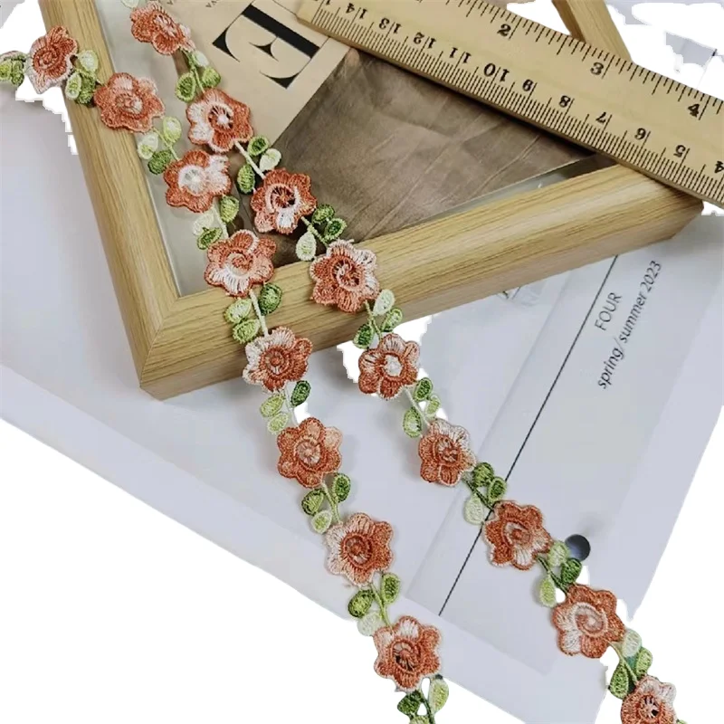 2CM wide Vintage ethnic style orange pink  embroidery lace ribbon dress collar neckline trim clothes curtains DIY sewing decor