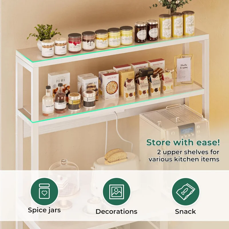 Bakers Rack with Power Outlet, 35.4 Inches Coffee Bar with Wire Basket, Kitchen Microwave Stand with 6 S-Shaped Hooks, Open Stor