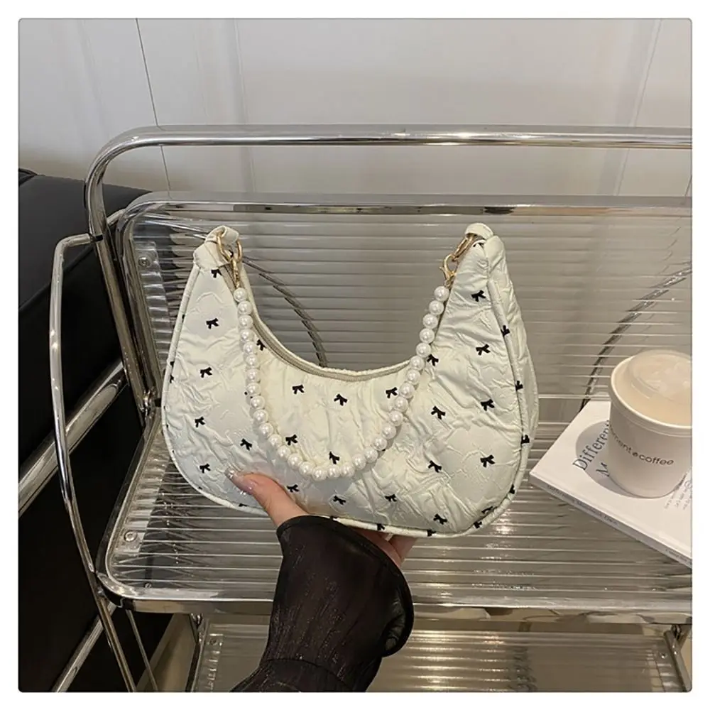 Trendy Multicolor One-shoulder Bag Bowknot Printed Beads Chain Tote Bag Zipper Clouse Large Capacity Underarm Bag Commutting
