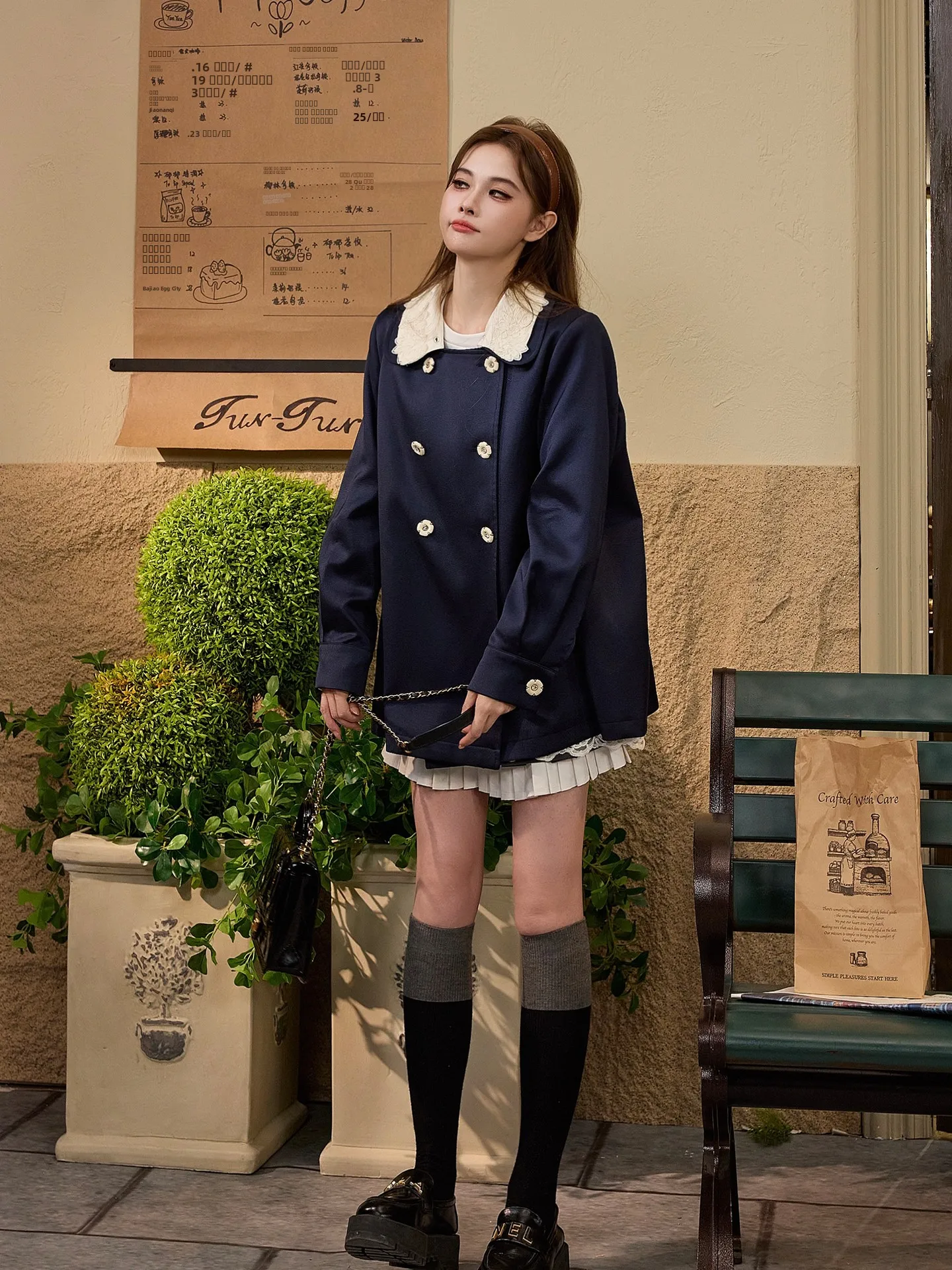 

TUNT Autumn Winter Hepburn Sle Lace Collar Double Buttoned Doll Coat Korean Loose Fit Women's Windbreaker ort Length