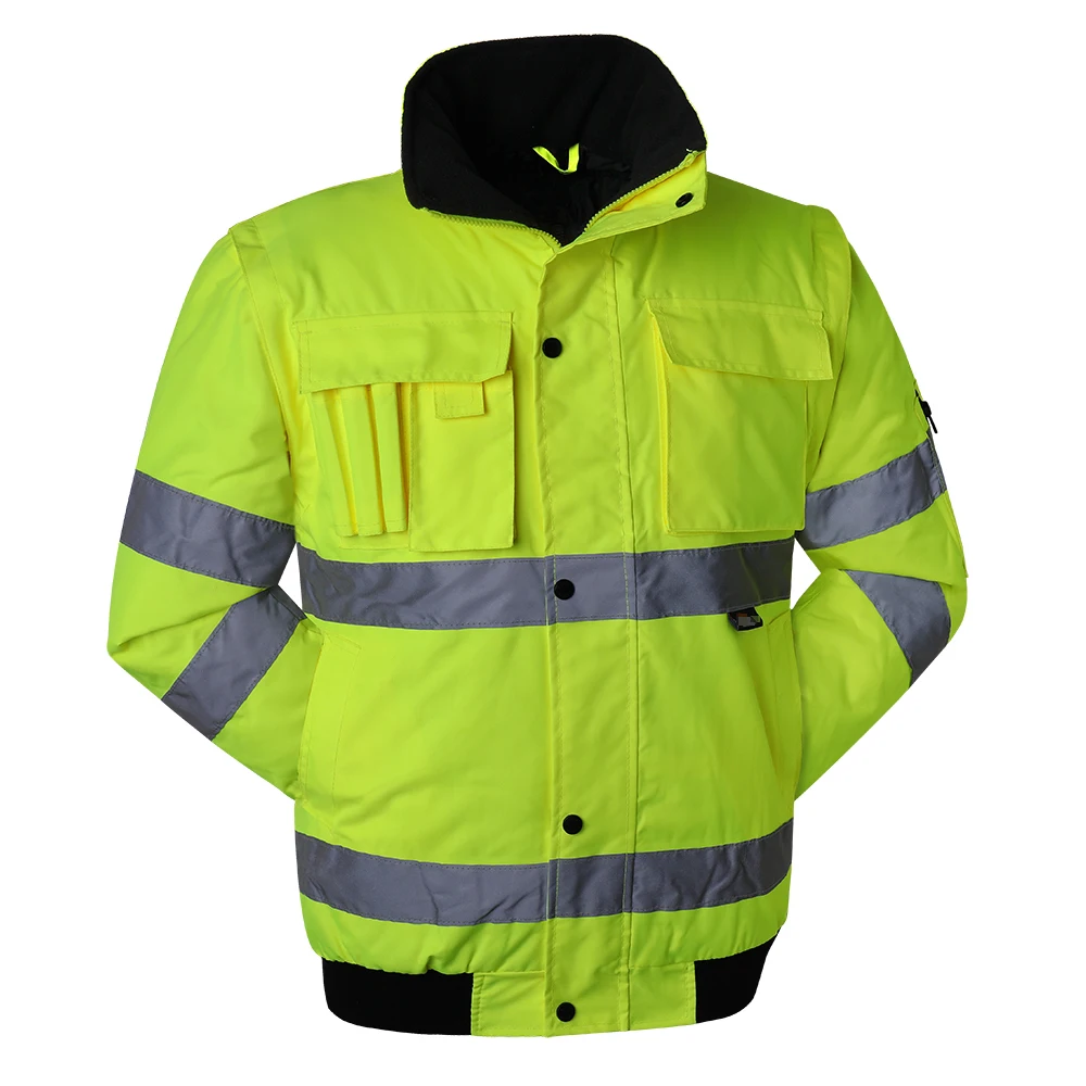 ANSI High Visibility Reflective Winter Bomber Jacket Insulated Multiple Pockets Safety Jacket For Men