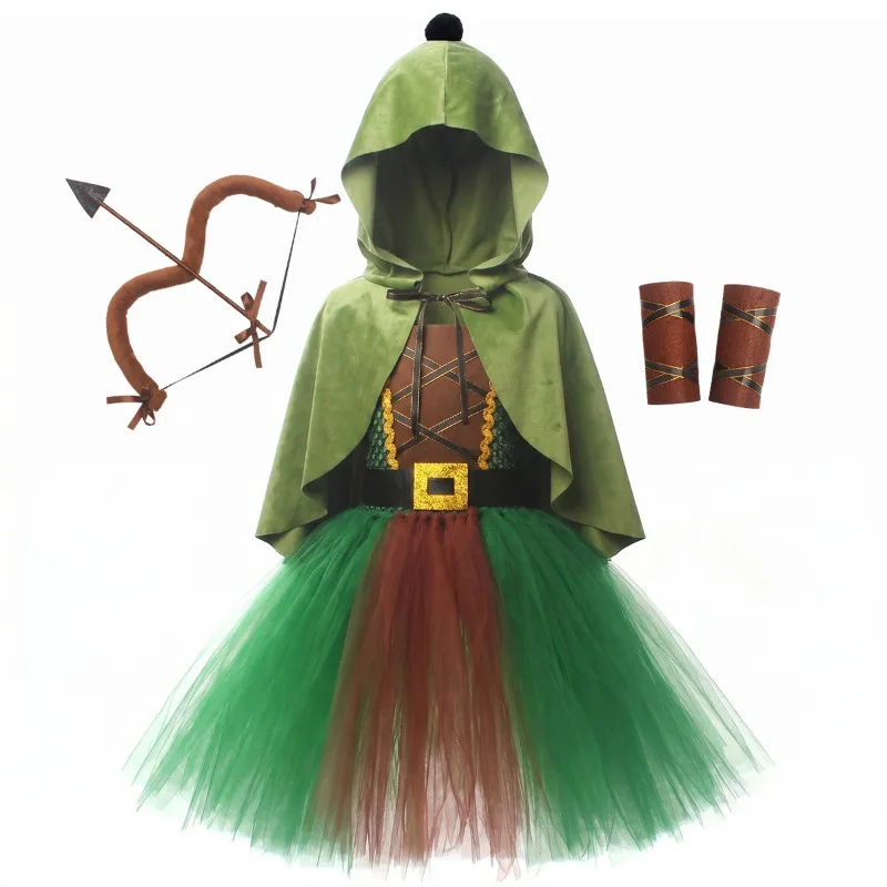 Kids Medieval Archer Hunter Clothes Set, Tulle Cape & Dress Outfit, Halloween Carnival Party & Festival Performance Attire