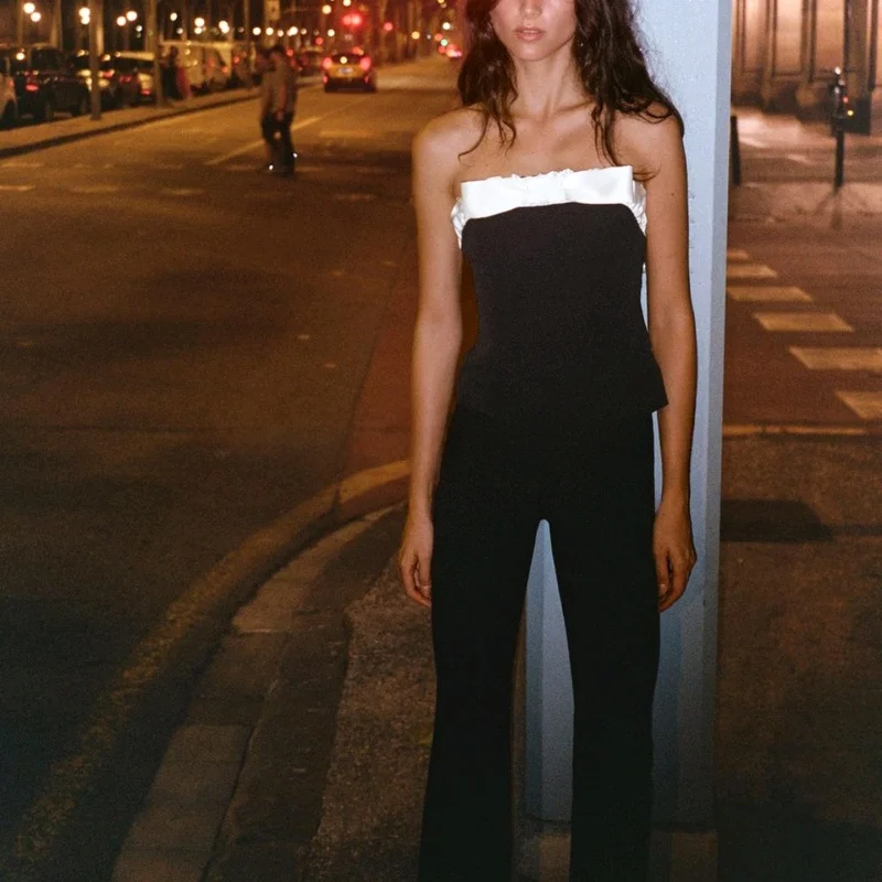 冬の新作レディースストレートノットスプライスチューブトップストリートスリーブロングピュアカラースリムフィットストリートファッション