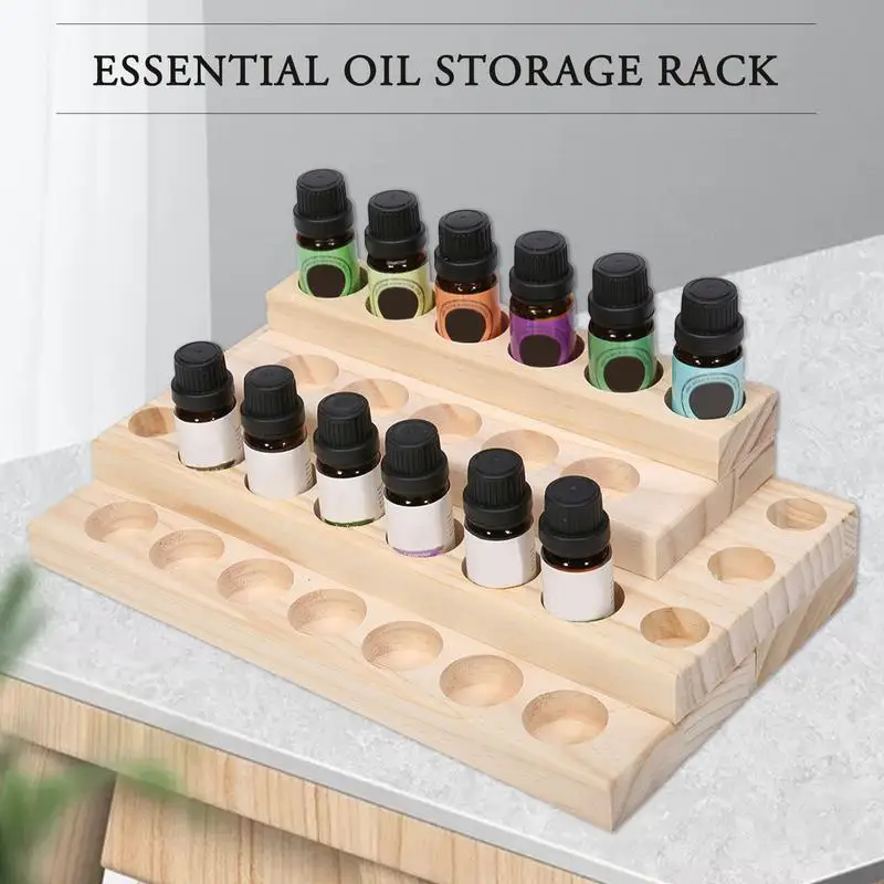 30 Slots Desktop Storage Rack Stepped 4-Layer Wooden Essential Oil Storage Box Solid Wood Shelf Storage Organizer Display Stand