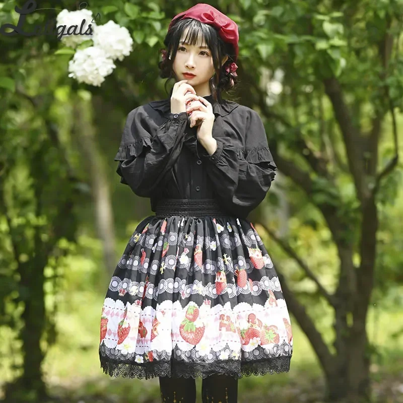 Sweet Short Black Skirt Mori Girl Strawberry Printed A line Lolita Skirt
