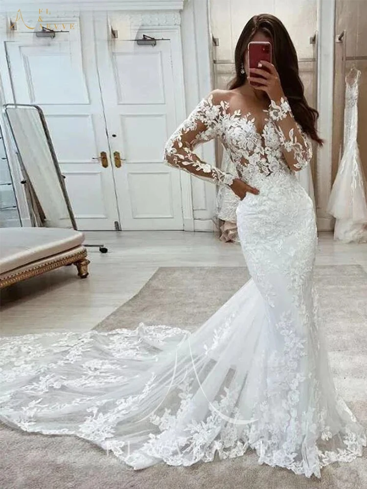 Vestidos de novia bohemios de encaje de sirena, vestido de novia de manga larga, vestido de novia de lujo blanco marfil, vestido de novia personalizado para mujer