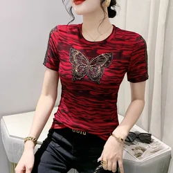 #5417 Summer Short Sleeve T Shirt Women Butterfly Diamonds Sexy Skinny Tshirt Spliced Mesh Short Sleeve Office T-Shirt Vintage