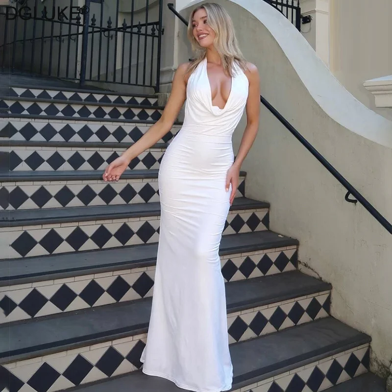 

DGLUKE White Halter Neck Maxi Dress Woman Cowl Backless Long Summer Dress Elegant Party Dresses 2025