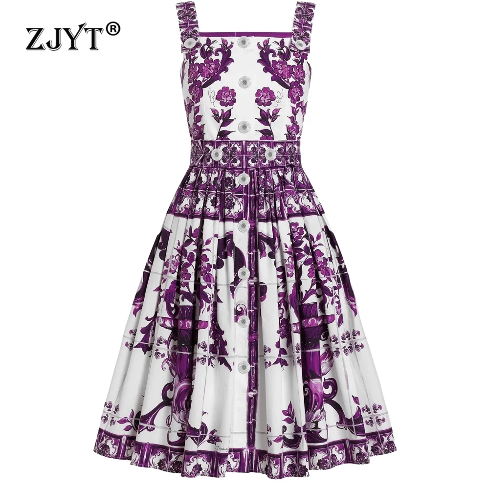 

ZJYT Summer 100% Cotton Purple Print Dress Women Elegant Square Collar Spaghetti Strap Vintage Party Holiday Dresses Runway 2025