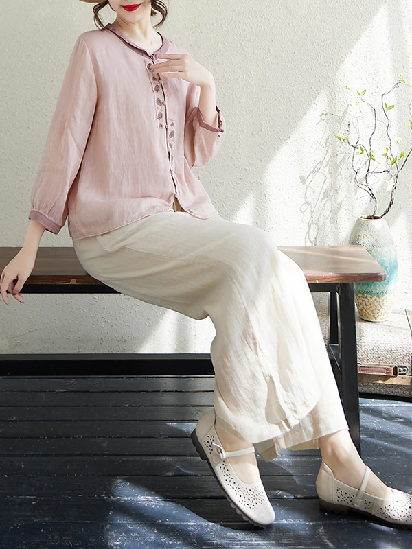 Faionable – ensemble en lin brodé rond Ne Seven Sve, pantalon à jambes larges, costume deux pièces pour femmes, tenue d'été de marque chinoise
