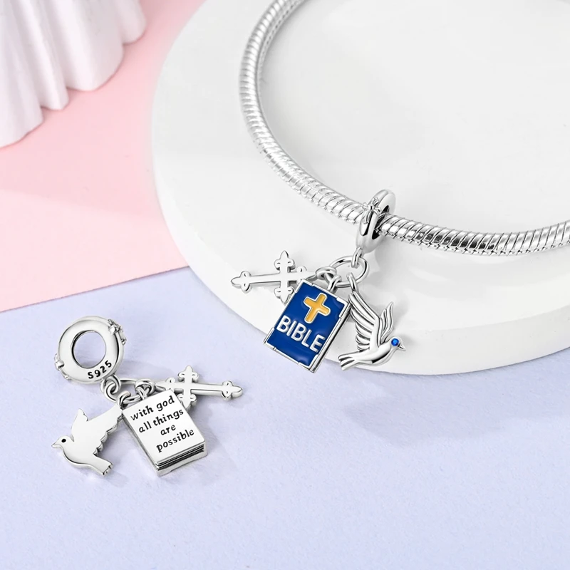 925 Sterling Silver Bible&Cross&Peace Dove Three piece Set Combination Dangle Charm Fit DIY Bracelet Necklaces Faithful Jewelry