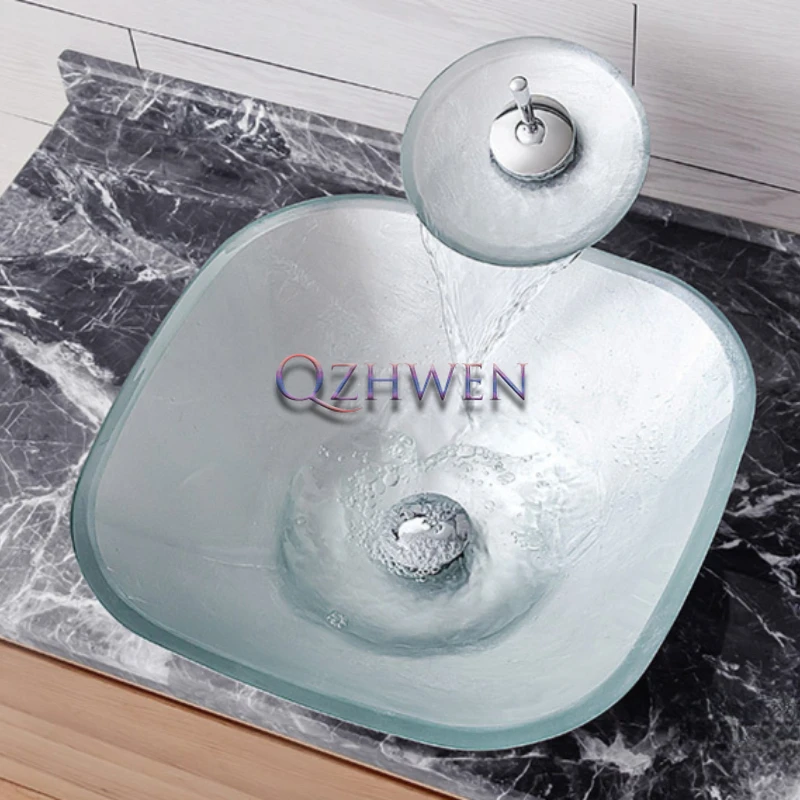 Tempered Glass Bathroom Sink Creative Silver Glass Washbasin Hotel Homestay Washroom Hand Wash Basin with Hardware Faucet Set