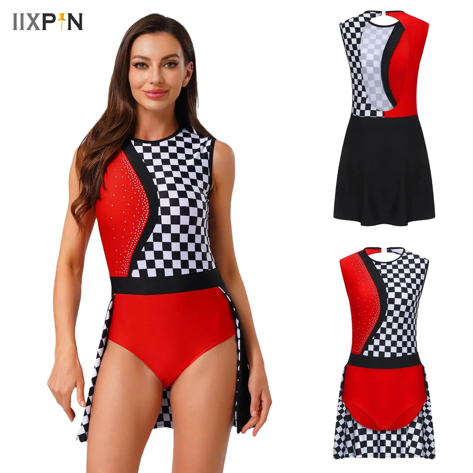

Womens Speed Racer Checked Bodysuit Contrast Color Back Skirted One Piece Leotard Jumpsuit for Halloween Carnival Driver Cosplay