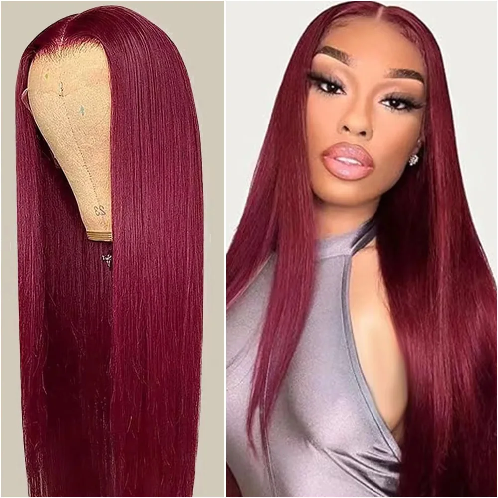 

13x6 40 Inch Burgundy Bone Straight Lace Front Wigs Pre Plucked Colored 99J Transparent Hd Lace Frontal 100% Human Hair Wig 200%