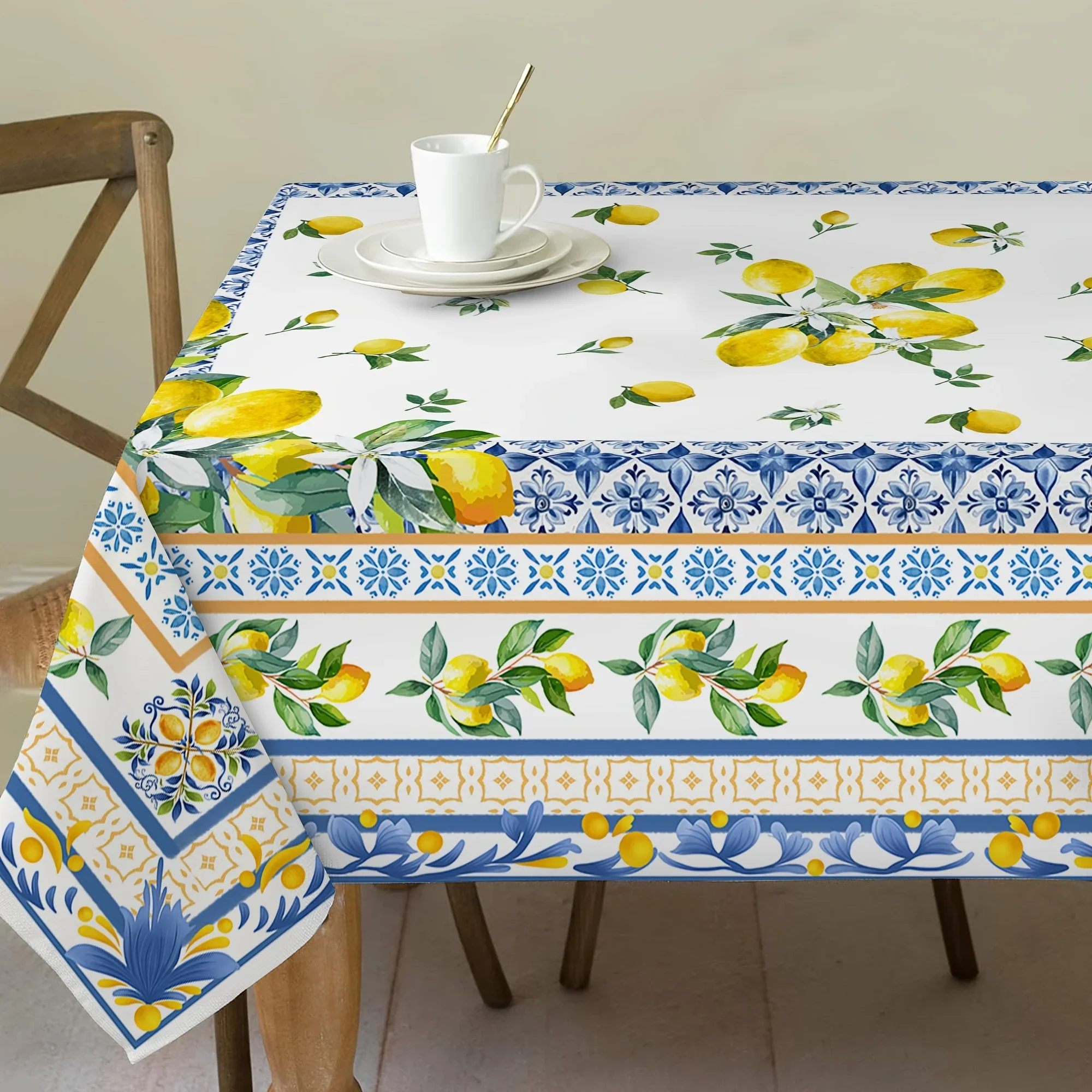 Fresh Lemon & Blue Floral Design Elegant Mediterranean-Inspired Tablecloth- Polyester, Machine Washable for Dining Room