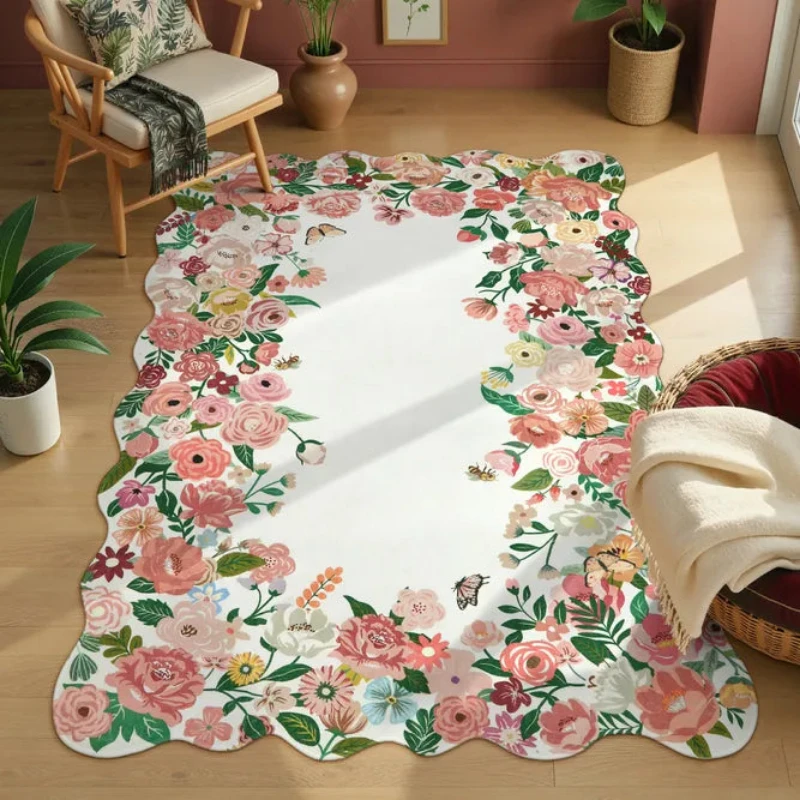 

Living Room Carpet Machine Washable Non-slip Foldable Floor Mat Pink Country Floral Rug Bedroom Rugs Large Size Home Decor Mats
