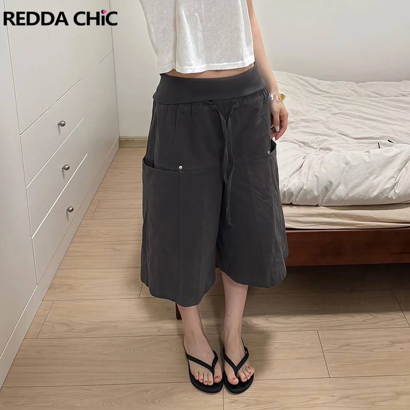 ReddaChic Women Drawstring Low Waist Bermuda Shorts Vintage Rib Wide Leg Gray Low Waist Cargo Pants New In Grunge Acubi Fashion