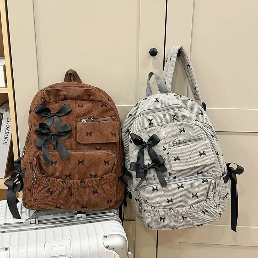 Fashion Corduroy Bow Schoolbag Large Capacity Ins Style Backpack Bag Bow Print Versatile Backpack Women