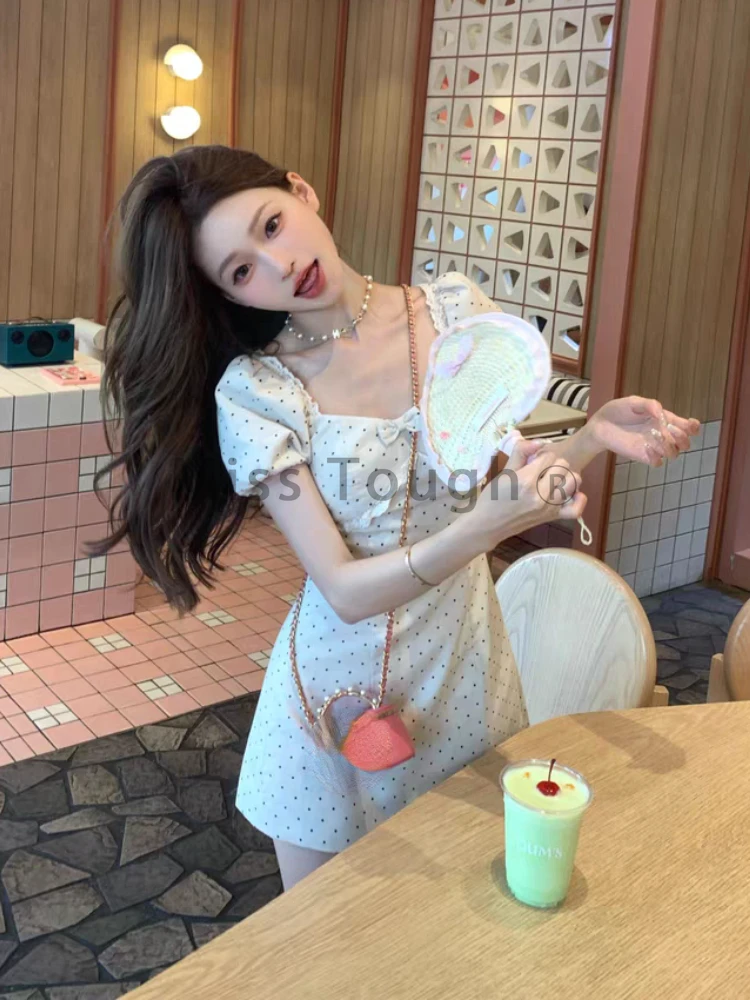 France Hepburn Polka Dot Party Mini Dress Women Elegant Sweet Lace Slim Streetwear Dresses Fashion Chic Bow Short Sleeve Clothes