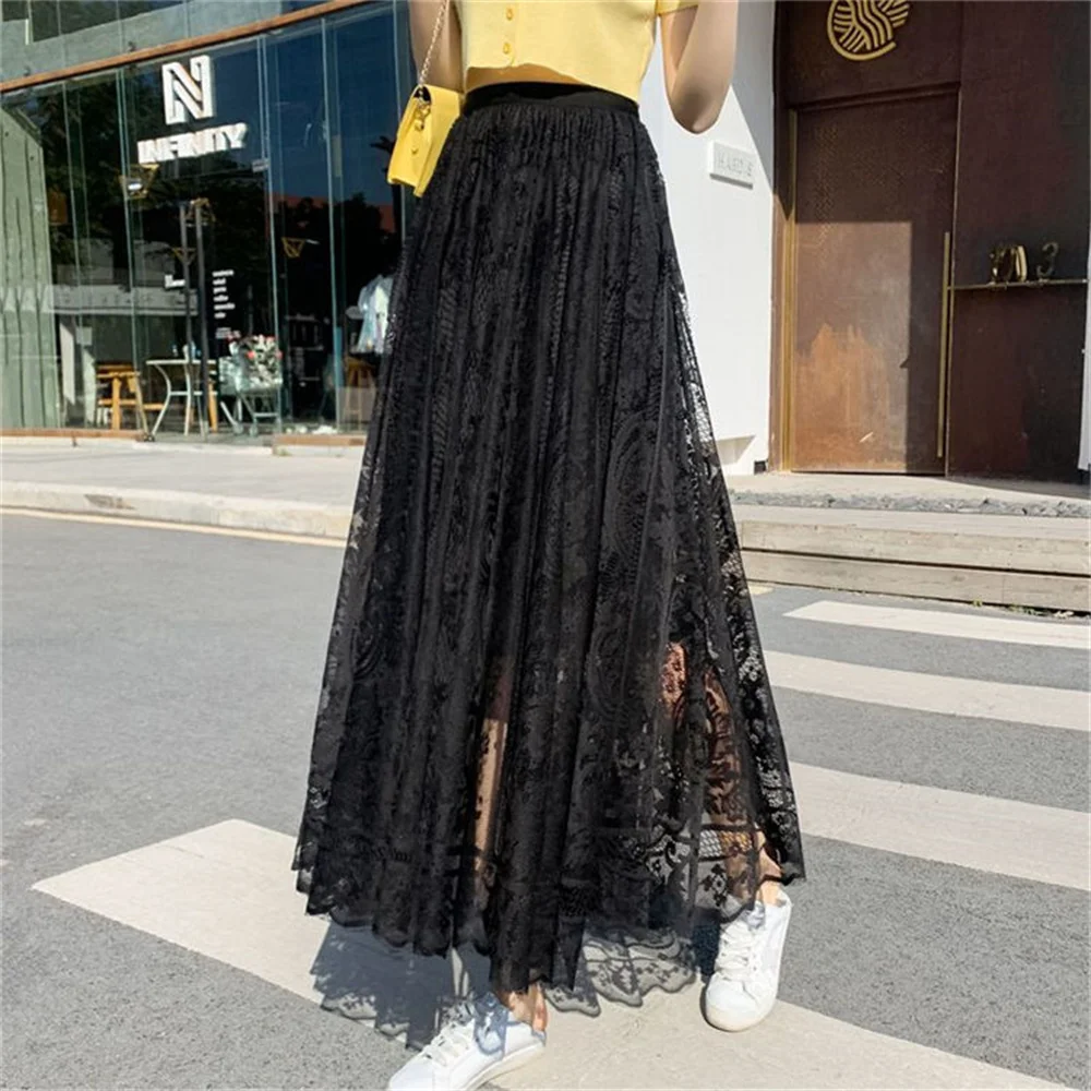 Bohemian High Waist Hollow Out Female Maxi Skirts Spring Summer Vintage Women's Lace Crochet Umbrella Long Skirts