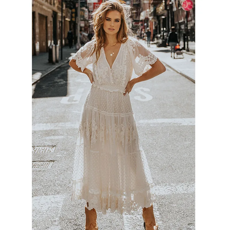Women\'s Dress White Hollow Out Cotton Sundress Lace Sleeveless Long Splicing Summer Party Elegant Evening Woman Skirt Clothing