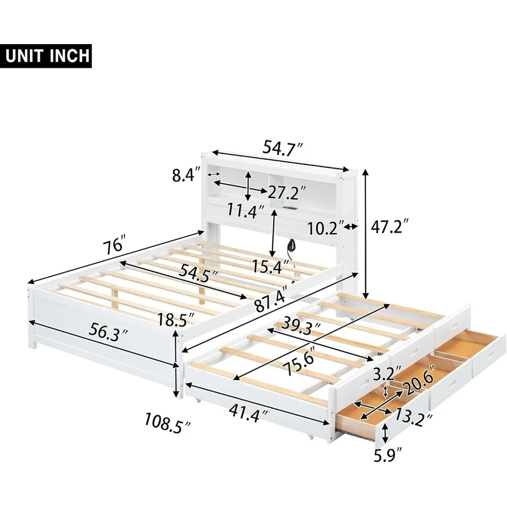 Full Size Platform Bed with Trundle, Drawers and Bookcase Headboard with USB Plugs, Hardwood Full Size Bed Frame