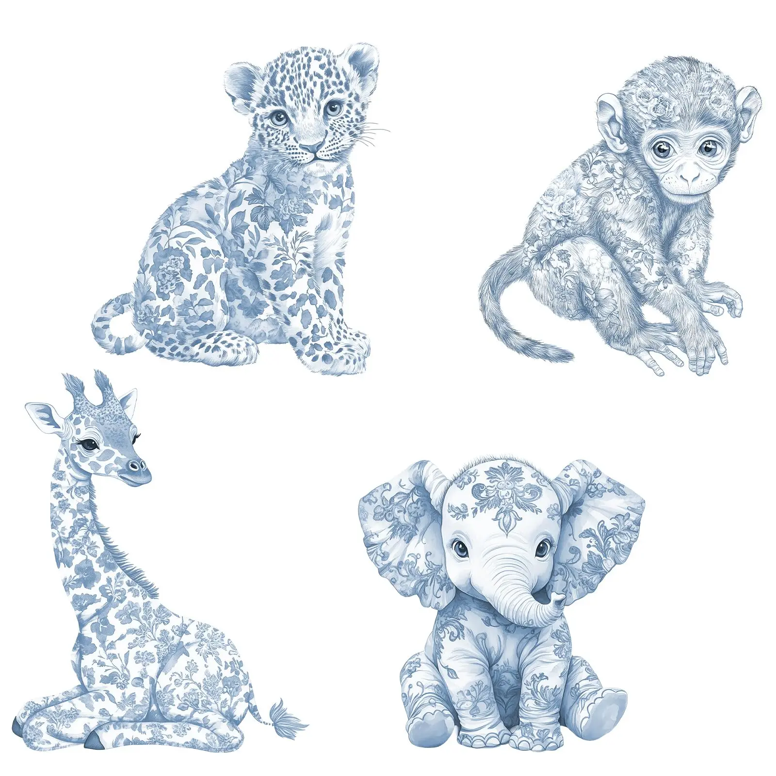 Décor de toile de fond en carton pour fête d'anniversaire ou baby shower, avec découpes en carton KT sur le thème des animaux de la jungle et motifs floraux bleus, pour accessoires photo sur pied