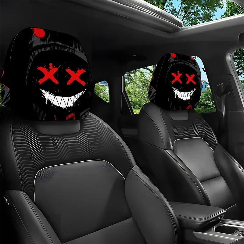 2pcs Devil Hat Print Car Headrest Covers Elastic Snug Fit Car Atmosphere Headrest Covers