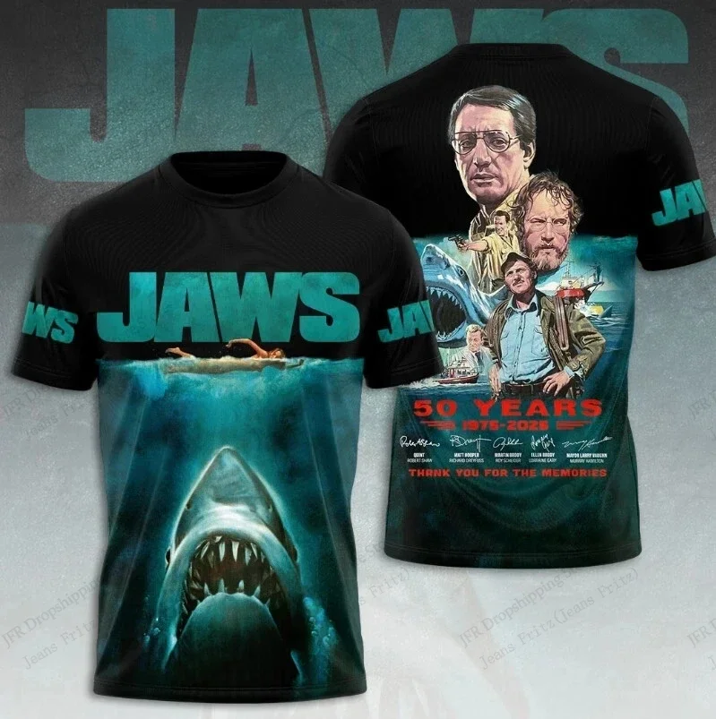 Jaws 3D print 50th anniversary commemorative men's T-shirt summer casual round neck short sleeved breathable sports T-shirt top
