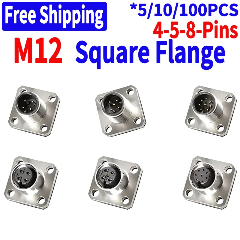 

5/10/100 Pcs M12 Square Flange Male Female Socket 12mm 4 5 8 Pins Solder Type Panel Mount Connectors Joint Aviation Plug