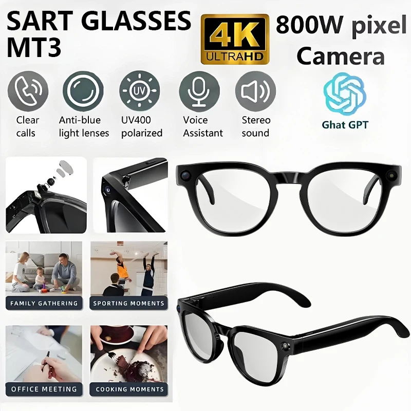 

4K HD Smart AI Glasses 1080P 800W pixel AI Shooting Camera HD Photo Video Voice Call Translation Waterproof Bluetooth AI Glasses