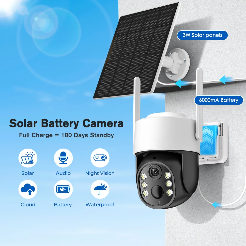 WiFi PTZ Camera Outdoor Wireless Solar IP Camera 4MP HD Built-in Battery Video Surveillance Camera ifi Security Camera iCSee App