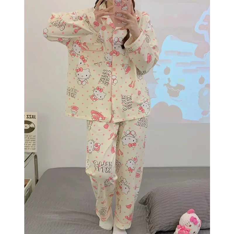 Sanrio Hello Kitty New Autumn Cotton Long Sleeve Long Pants Women\'s Pajamas Silk Pajamas Women\'s Two-piece Pajamas Pants Set